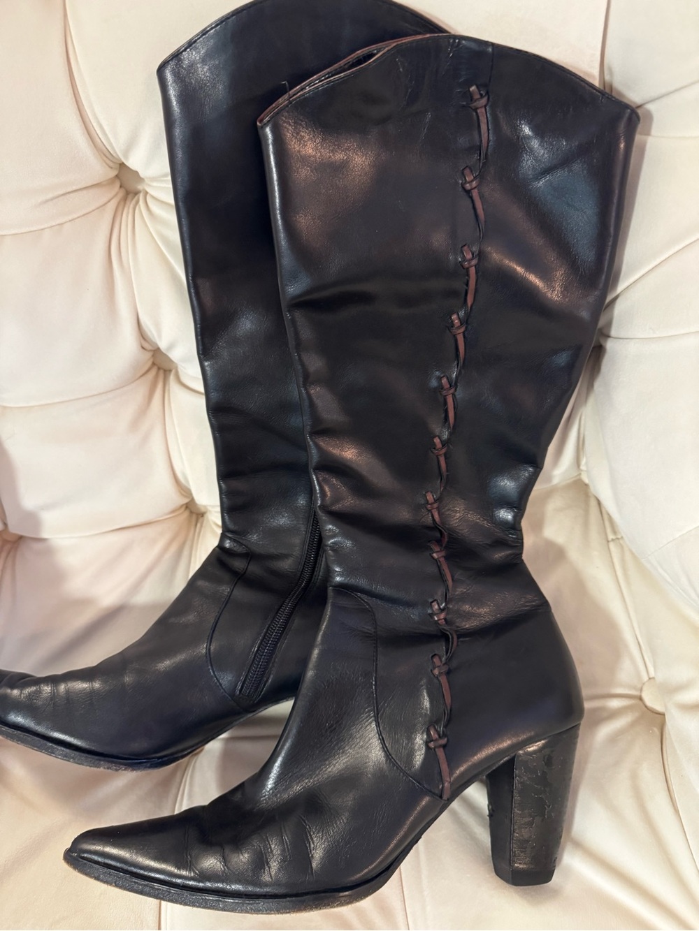 Women's Over-the-Knee Black Leather Heeled Boots with Side Knot Detail